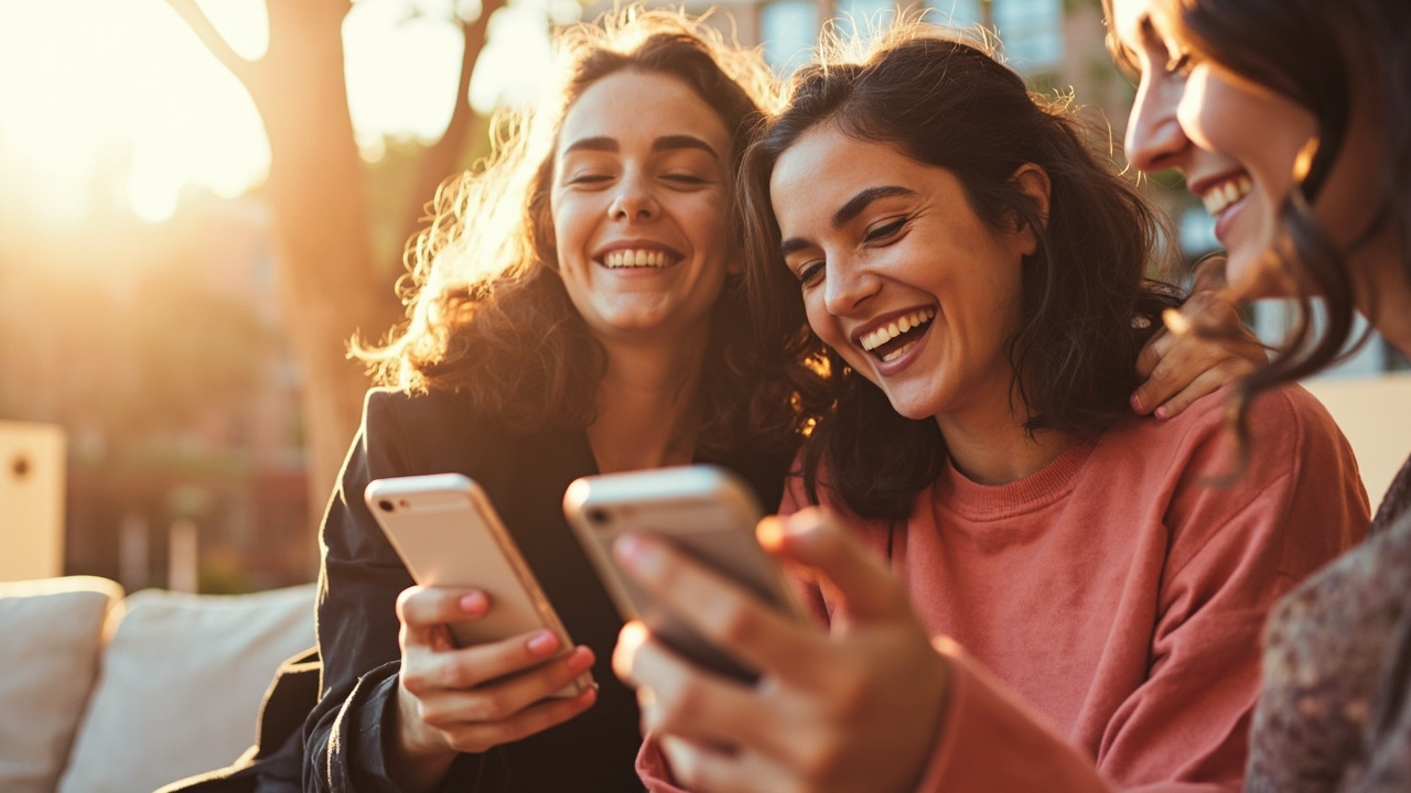 Friends sharing a playful quiz result on their phones